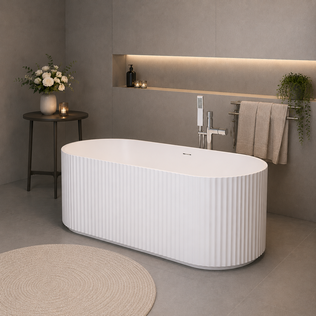 Fluted 59“ Acrylic One-Piece Freestanding Bathtub with Centre Drain in White