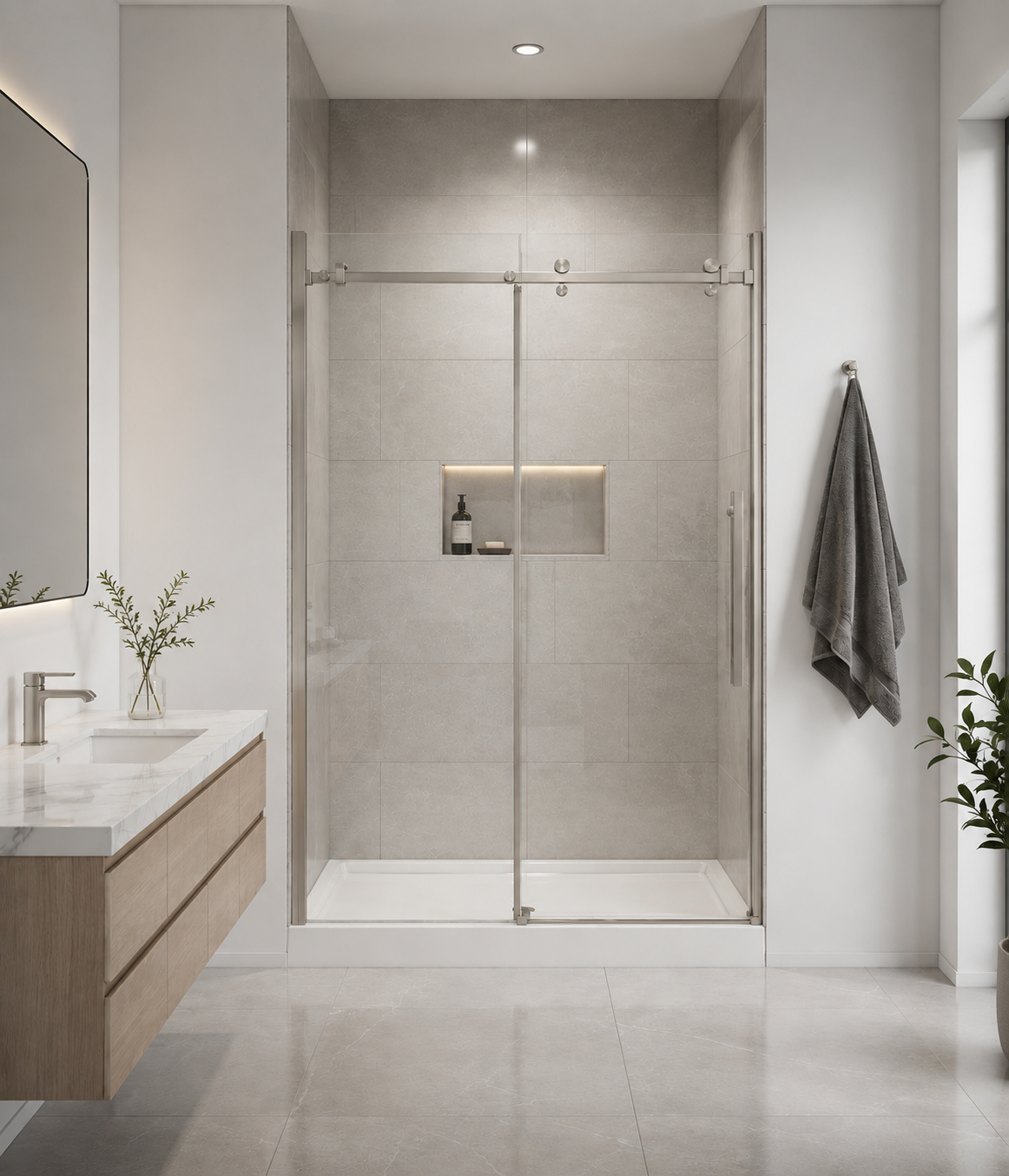 44“-48” W x 76" H Frameless Reversible Sliding Shower Door in Brushed Nickel with 8mm Clear Tempered Glass