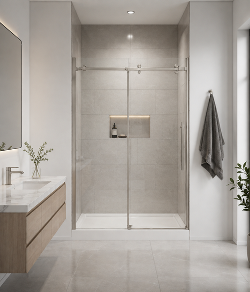 44“-48” W x 76" H Frameless Reversible Sliding Shower Door in Brushed Nickel with 8mm Clear Tempered Glass