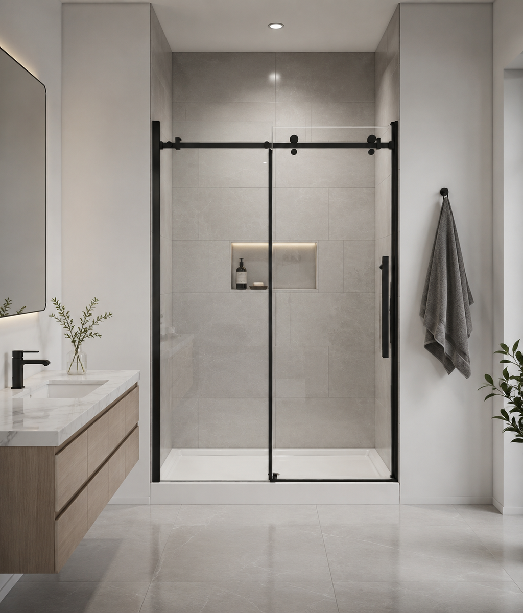56“-60” W x 76" H Frameless Reversible Sliding Shower Door in Matte Black with 8mm Clear Tempered Glass